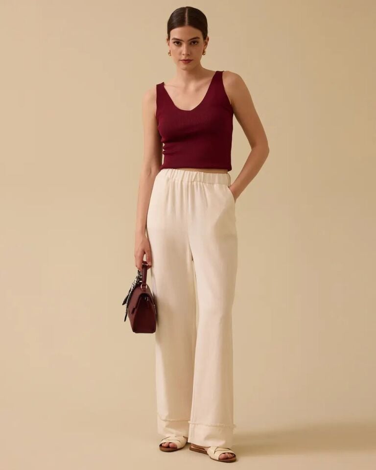 1026 BELİ LASTİKLİ YÜKSEL BEL PAÇALARI İP DETAYLI CEPLİ KETEN PANTOLON 10002511011026 #06-25#