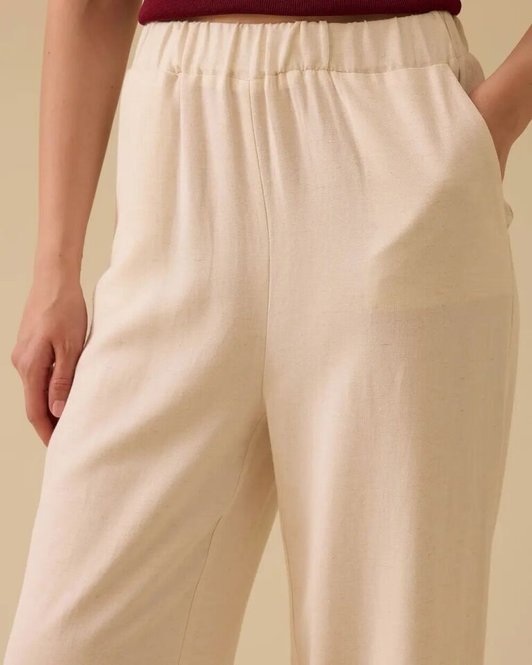 1026 BELİ LASTİKLİ YÜKSEL BEL PAÇALARI İP DETAYLI CEPLİ KETEN PANTOLON 10002511011026 #06-25#