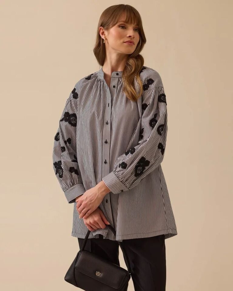 1009 ÖNÜ DÜĞMELİ HAKİM YAKA BALON KOL KOLLARI İŞLEME DETAYLI ÇİZGİLİ GÖMLEK TUNİK 10002511211009 #06-25#