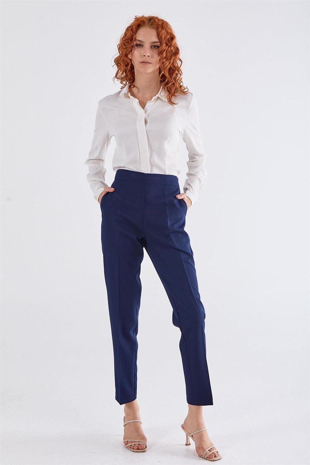 59061 BELİ YARIM LASTİKLİ  ÖN CEPLİ KLASİK DAR PAÇA PANTOLON QYS PANTLON 59061 #23-063 42 - LACİVERT