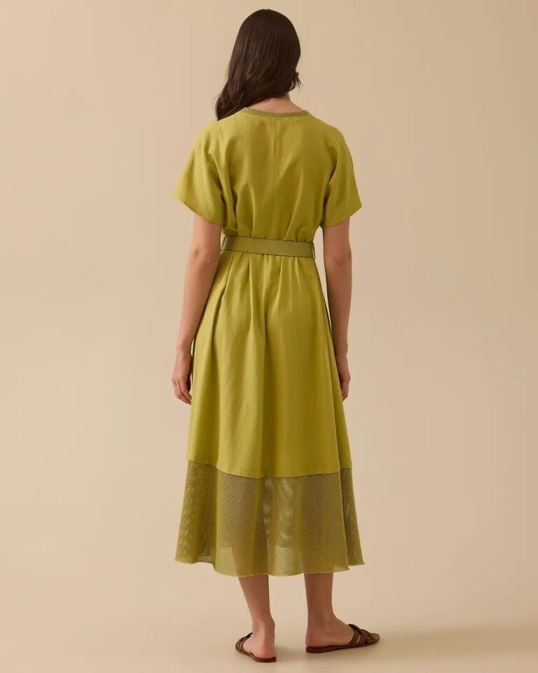 10037 V YAKA, YAKASI VE ETEĞİN UÇ KISMI FİLE DETAYLI BELİ KEMERLİ YARIM KOL ELBİSE 10002511310037 #06-25#