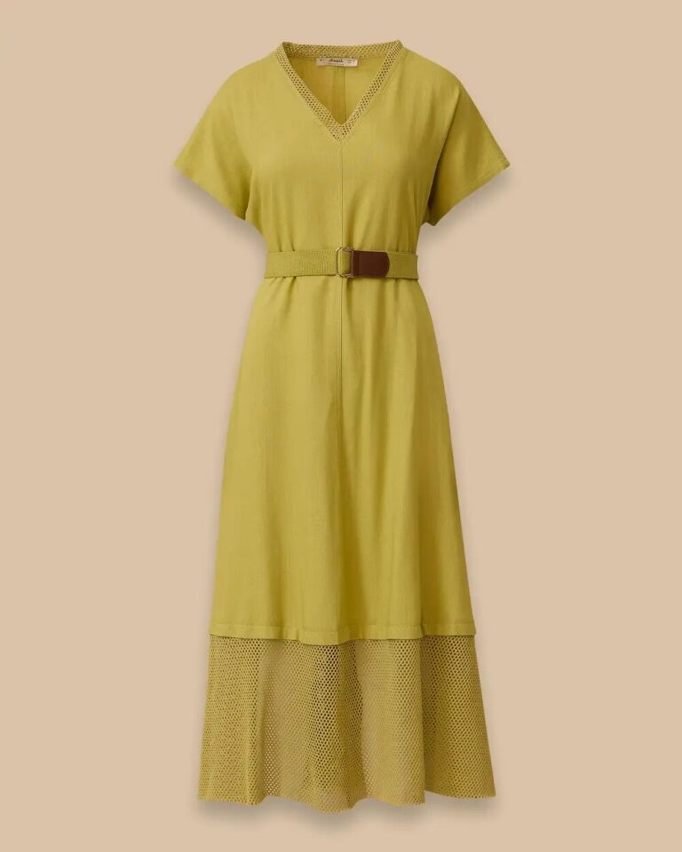 10037 V YAKA, YAKASI VE ETEĞİN UÇ KISMI FİLE DETAYLI BELİ KEMERLİ YARIM KOL ELBİSE 10002511310037 #06-25#