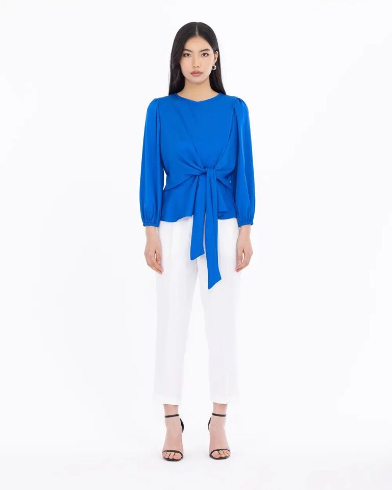 1080  ÖNDEN BAĞLAMA DETAYLI SATEN KOL UCU LASTİKLİ ŞIK BLUZ QYS BLUZ 232001080 #23-04#