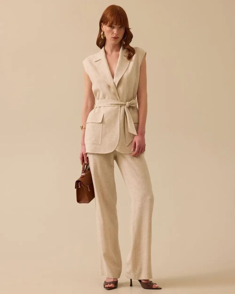 10024 BELİ BAĞLAMALI ÇİFT CEPLİ TEK DÜĞMELİ KETEN YELEK 10002511110024 #06-25#