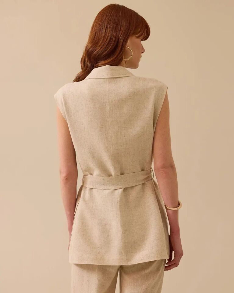 10024 BELİ BAĞLAMALI ÇİFT CEPLİ TEK DÜĞMELİ KETEN YELEK 10002511110024 #06-25#