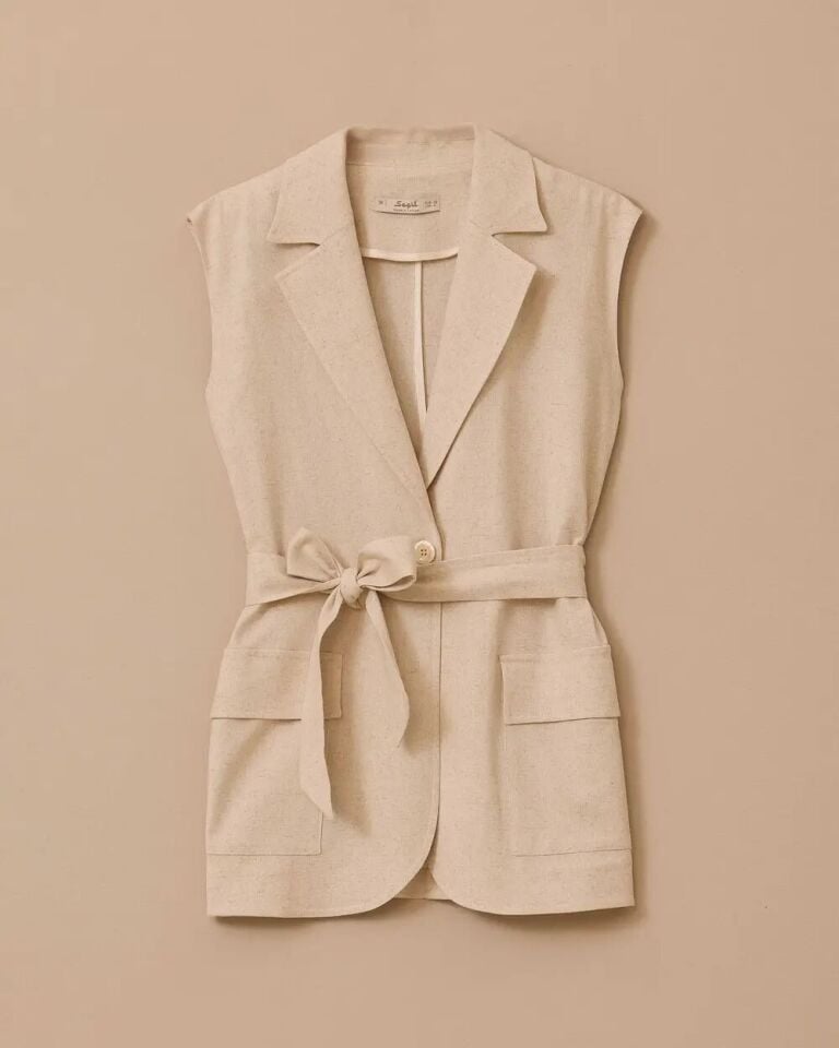 10024 BELİ BAĞLAMALI ÇİFT CEPLİ TEK DÜĞMELİ KETEN YELEK 10002511110024 #06-25#