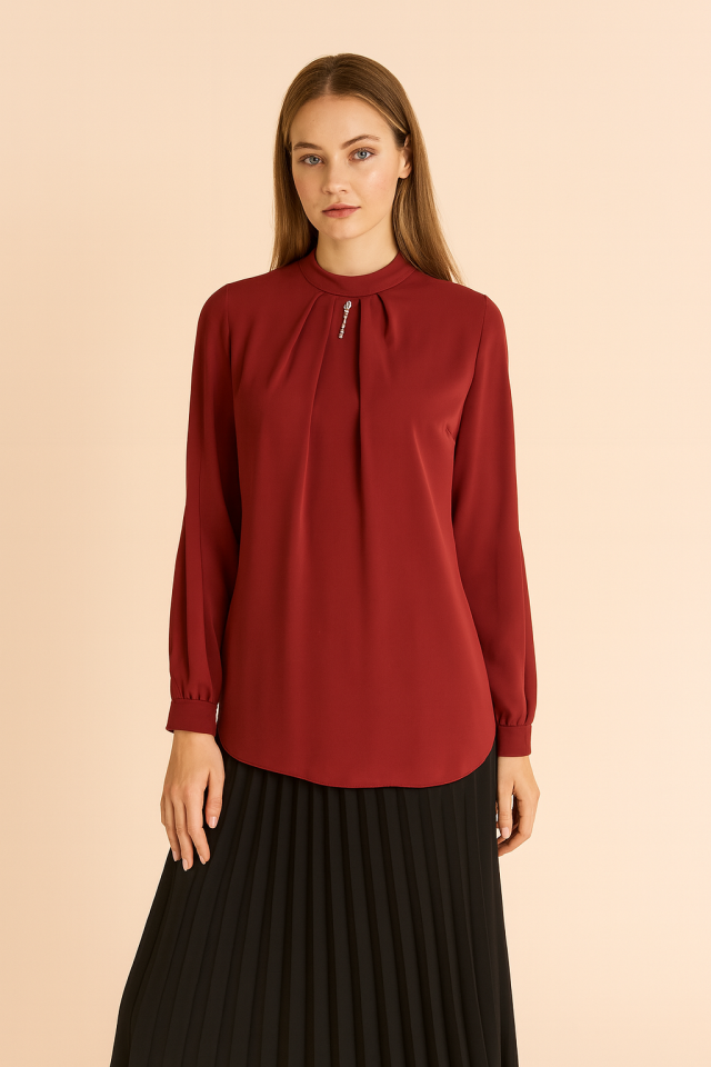 1054 YAKASI VE KOLLARI TAŞ DETAYLI KOL UCU DÜĞMELİ FERMUARLI GÖMLEK QYS GÖMLEK 1054 #23-04#