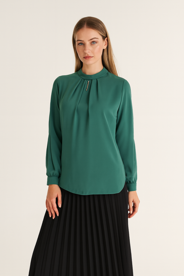 1054 YAKASI VE KOLLARI TAŞ DETAYLI KOL UCU DÜĞMELİ FERMUARLI GÖMLEK QYS GÖMLEK 1054 #23-04#