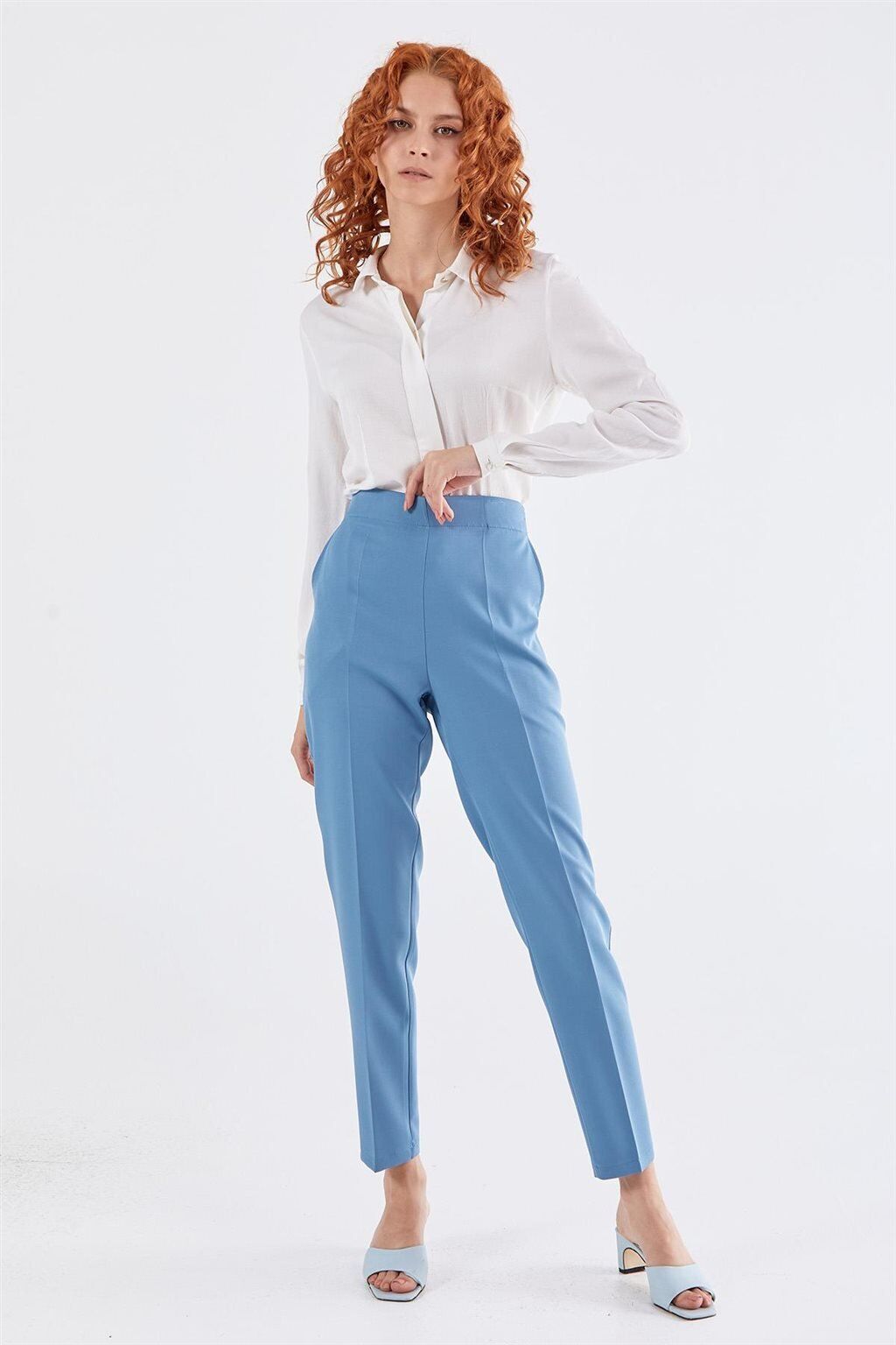 59061 BELİ YARIM LASTİKLİ  ÖN CEPLİ KLASİK DAR PAÇA PANTOLON QYS PANTLON 59061 #23-063 38 - MAVİ