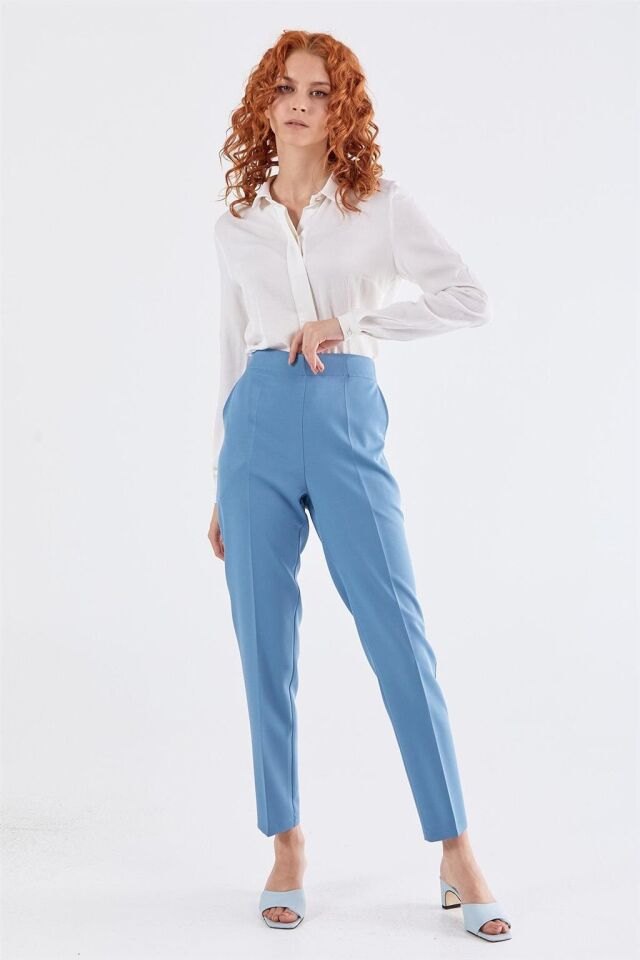 59061 BELİ YARIM LASTİKLİ  ÖN CEPLİ KLASİK DAR PAÇA PANTOLON QYS PANTLON 59061 #23-063 38 - MAVİ