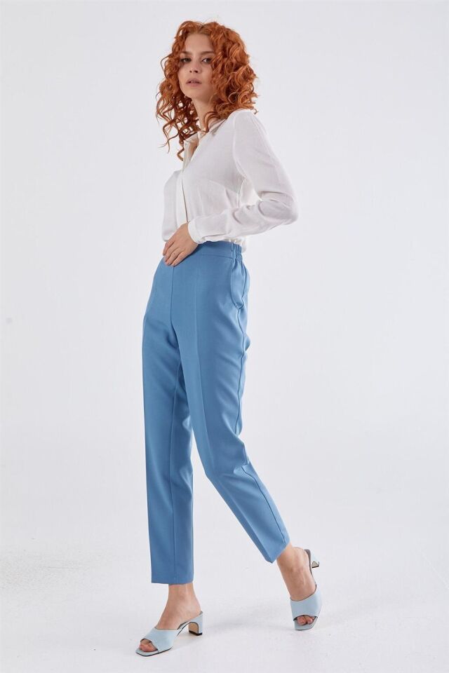 59061 BELİ YARIM LASTİKLİ  ÖN CEPLİ KLASİK DAR PAÇA PANTOLON QYS PANTLON 59061 #23-063 44 - MAVİ