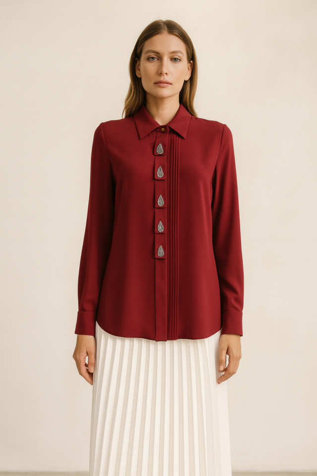 1051 GÖMLEK ÖNDEN GİZLİ DÜĞMELİ SU DAMLASI TAŞ DETAYLI ÖNDEN PİLELİ BÜYÜK BEDEN GÖMLEK QYS GÖMLEK 1051 #23-04#