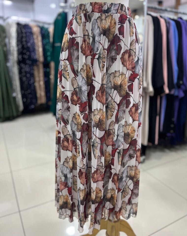 420024  BELİ LASTİKLİ DESENLİ ŞİFON PİLİSELİ ETEK QYS ŞİFON #24-073