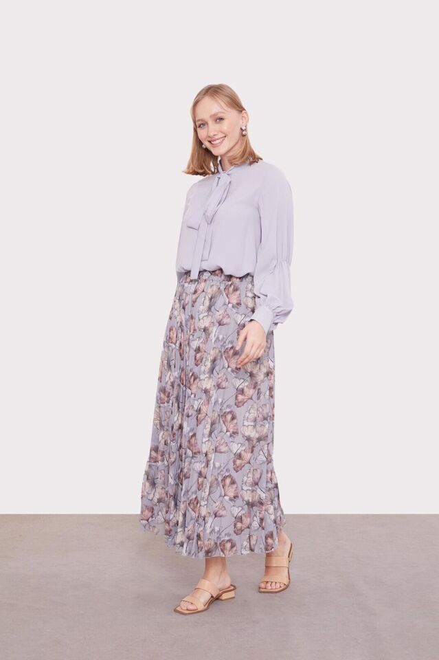 420024  BELİ LASTİKLİ DESENLİ ŞİFON PİLİSELİ ETEK QYS ŞİFON #24-073