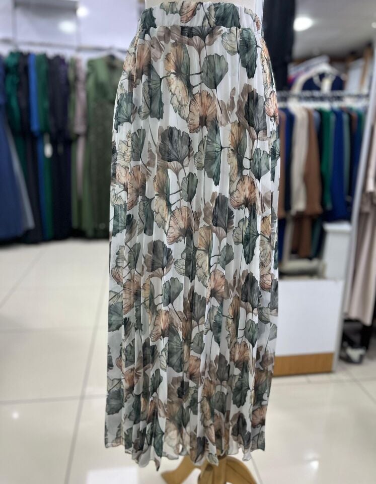 420024  BELİ LASTİKLİ DESENLİ ŞİFON PİLİSELİ ETEK QYS ŞİFON #24-073