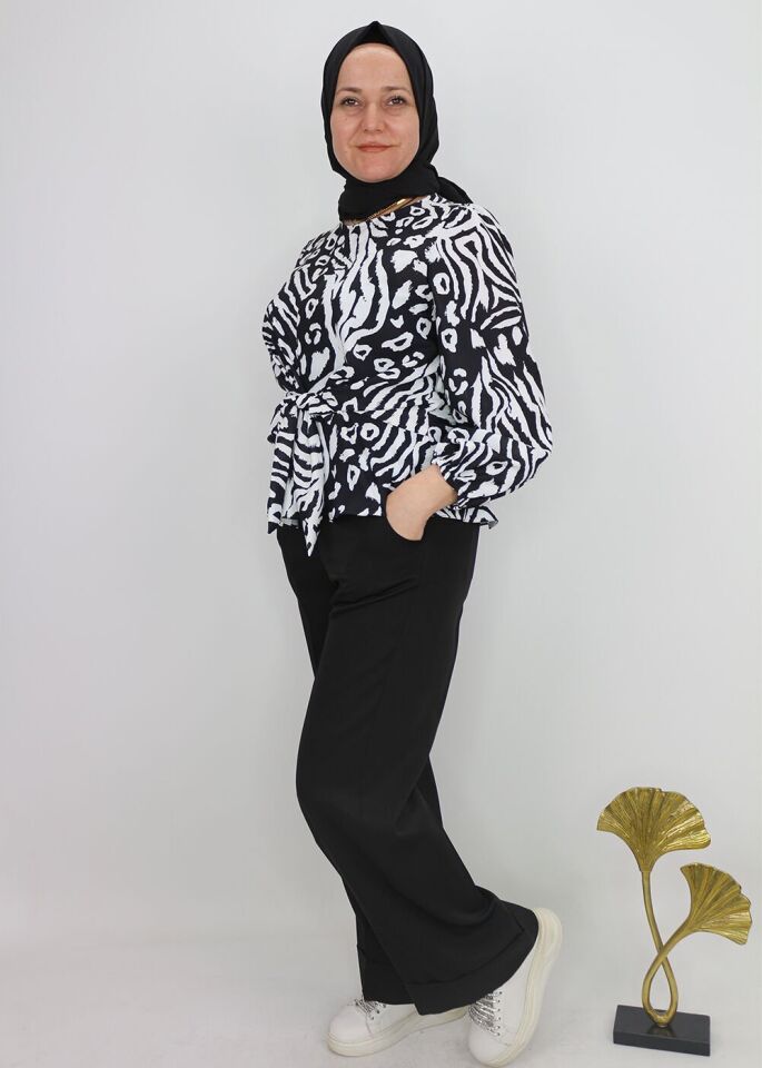 1004 DOUBLE PAÇA BELİ LASTİKLİ BOL PAÇA KLASİK PANTOLON #102429# 52 - SİYAH