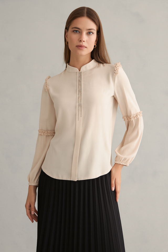 1040 GÖMLEK ÖNÜ TAŞ DETAYLI ÖMZU VEL KOLU FIRFIR KOL UCU LASTİKLİ HAKİM YAKA GÖMLEK QYS GÖMLEK 1040 #23-04#