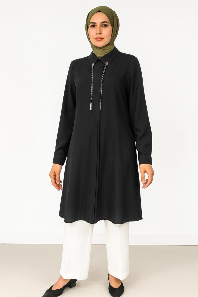 1521 GÖMLEK YAKA KOL UCU MANŞETLİ ÖNDEN DETAYLI ŞIK TUNİK #102429#