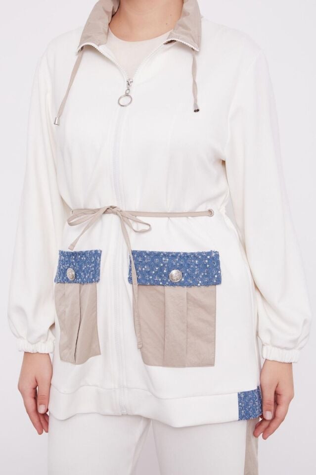 100527 TAKIM KOL UCU LASTİKLİ ÖNDEN FERMUARLI CEP DETAYLI BELİ BAĞLAMALI PANTOLONUN BELİ LASTİKLİ VE YAN DETAYLI TAKIM QKS