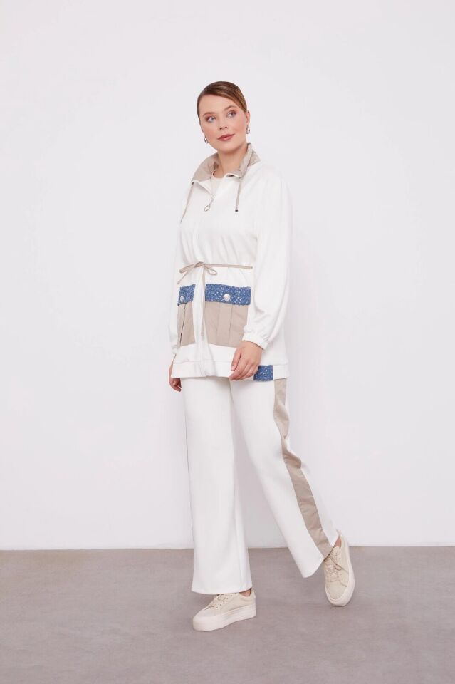 100527 TAKIM KOL UCU LASTİKLİ ÖNDEN FERMUARLI CEP DETAYLI BELİ BAĞLAMALI PANTOLONUN BELİ LASTİKLİ VE YAN DETAYLI TAKIM QKS