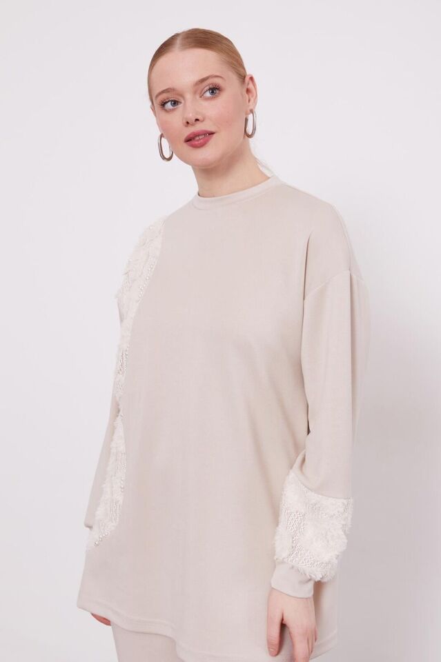 100649 ÖNÜ DANTEL VE İNCİ BONCUK DETAYLI PANTOLONU BELİ LASTİKLİ İKİLİ TAKIM