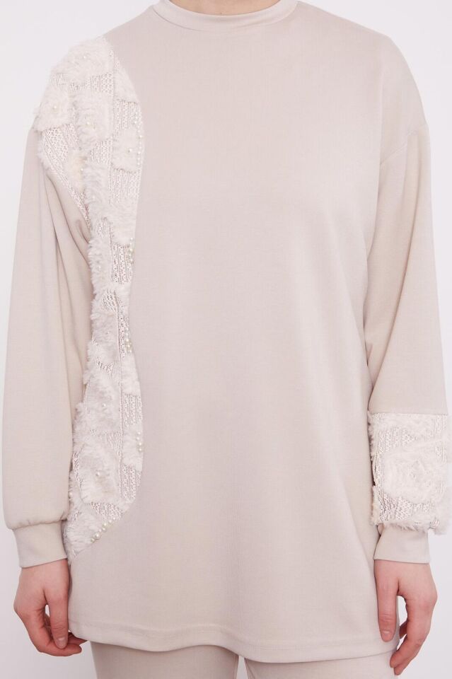 100649 ÖNÜ DANTEL VE İNCİ BONCUK DETAYLI PANTOLONU BELİ LASTİKLİ İKİLİ TAKIM