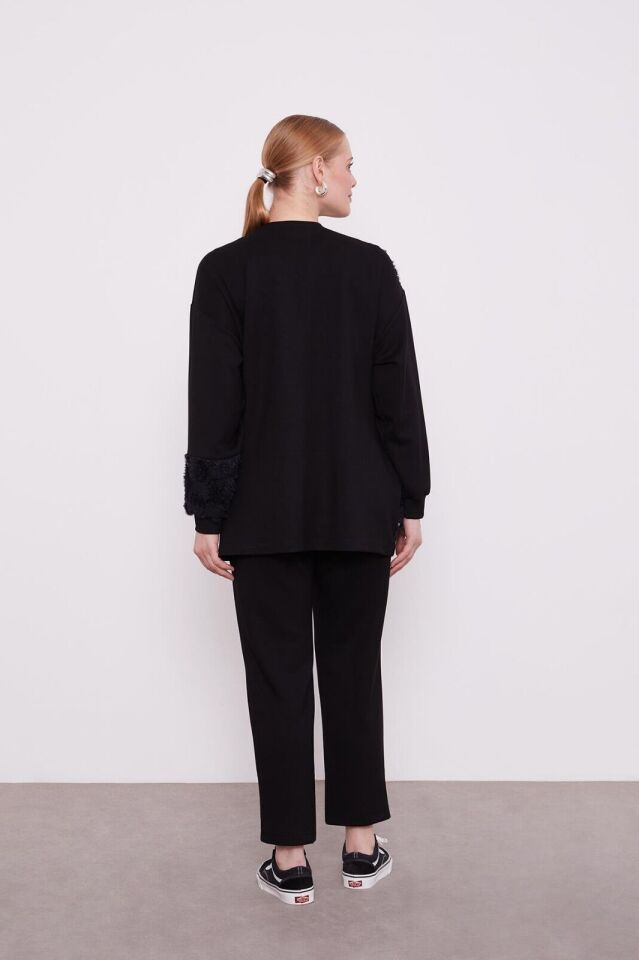 100649 ÖNÜ DANTEL VE İNCİ BONCUK DETAYLI PANTOLONU BELİ LASTİKLİ İKİLİ TAKIM