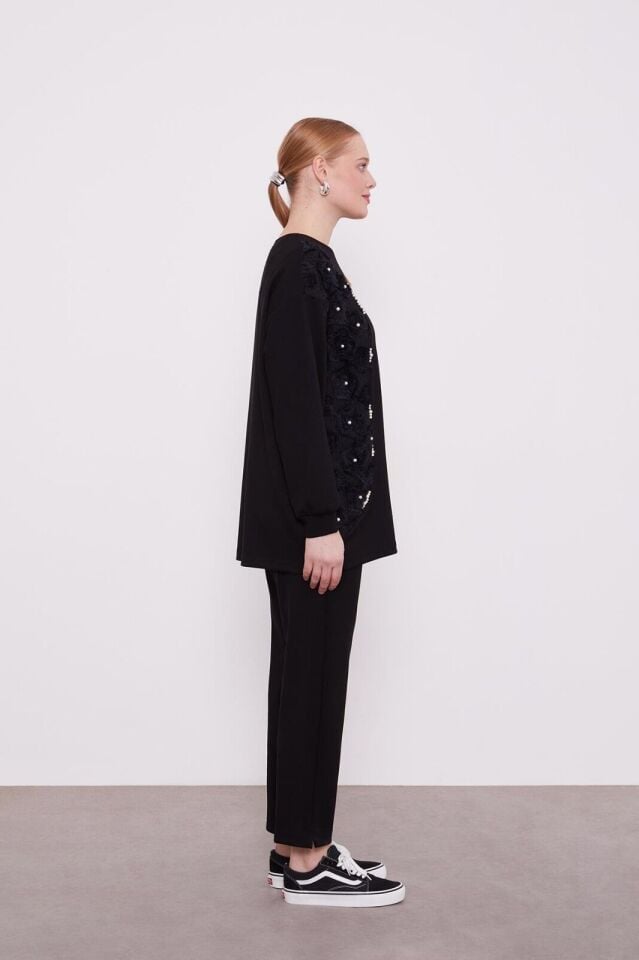 100649 ÖNÜ DANTEL VE İNCİ BONCUK DETAYLI PANTOLONU BELİ LASTİKLİ İKİLİ TAKIM