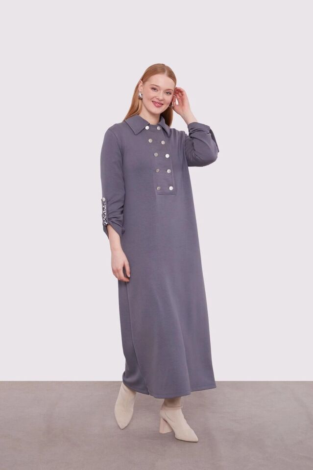 330258 APOLETLİ LEOPAR ŞERİT DETAYLI İKİ İPLİK ELBİSE #01-25#