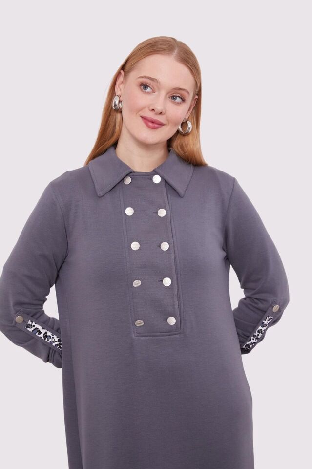 330258 APOLETLİ LEOPAR ŞERİT DETAYLI İKİ İPLİK ELBİSE #01-25#