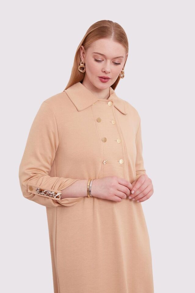 330258 APOLETLİ LEOPAR ŞERİT DETAYLI İKİ İPLİK ELBİSE #01-25#