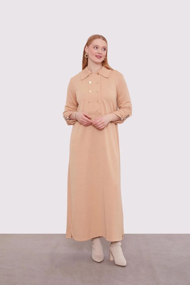 330258 APOLETLİ LEOPAR ŞERİT DETAYLI İKİ İPLİK ELBİSE #01-25#