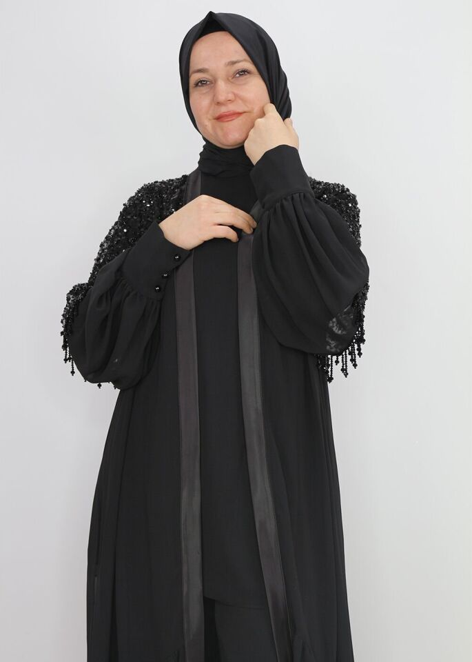 42904 İÇ BLUZ ŞİFON DIŞ GÖĞÜS VE BELE KADAR TAŞ BONCUK PUL İŞLEMELİ ALT KISIM DETAYLI KOL UCU MANŞETLİ 3LÜ ŞIK TAKIM 2 - SİYAH