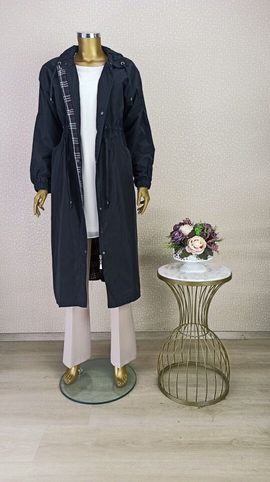 5205 ÖNÜ FERMUARLI VE KÇIT ÇIT DETAYLI CEPLİ BELİ BÜZGÜLÜ KOLU LASTİKLİ TRENÇKOT QKS TRENÇKOT $23-10#