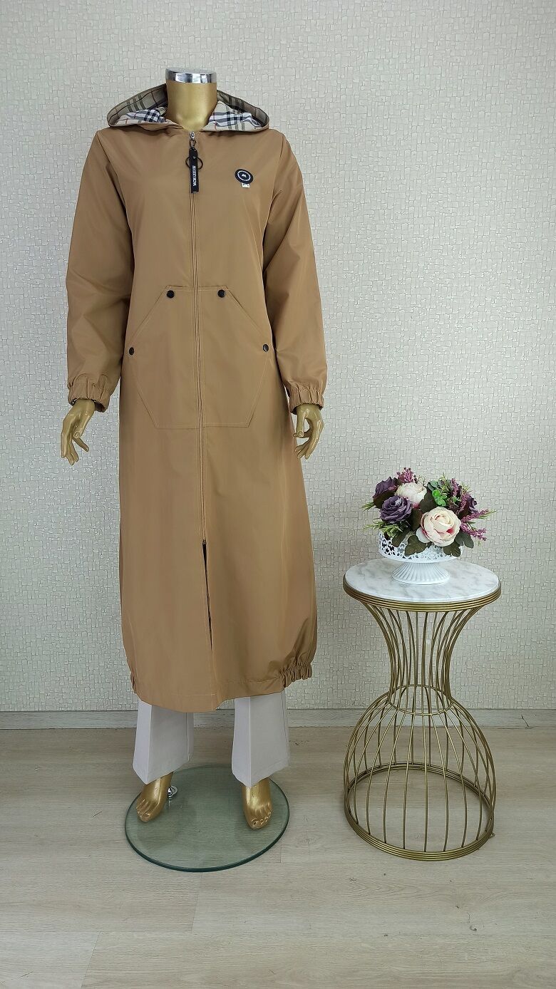 5210 ÖNÜ FERMUARLI KAPÜŞONLU KOL UCU VE ETEĞİ LASTİKLİ CEPLİ TRENÇKOT QKS TRENÇ #23-10#