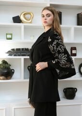 43840 BELİ KEMERLİ KOLLARI GOLD DESENLİ İŞLEMELİ YAKASI KRUVAZE YAKA CEKET SANDY KUMAŞ PANTOLON İKİLİ TAKIM