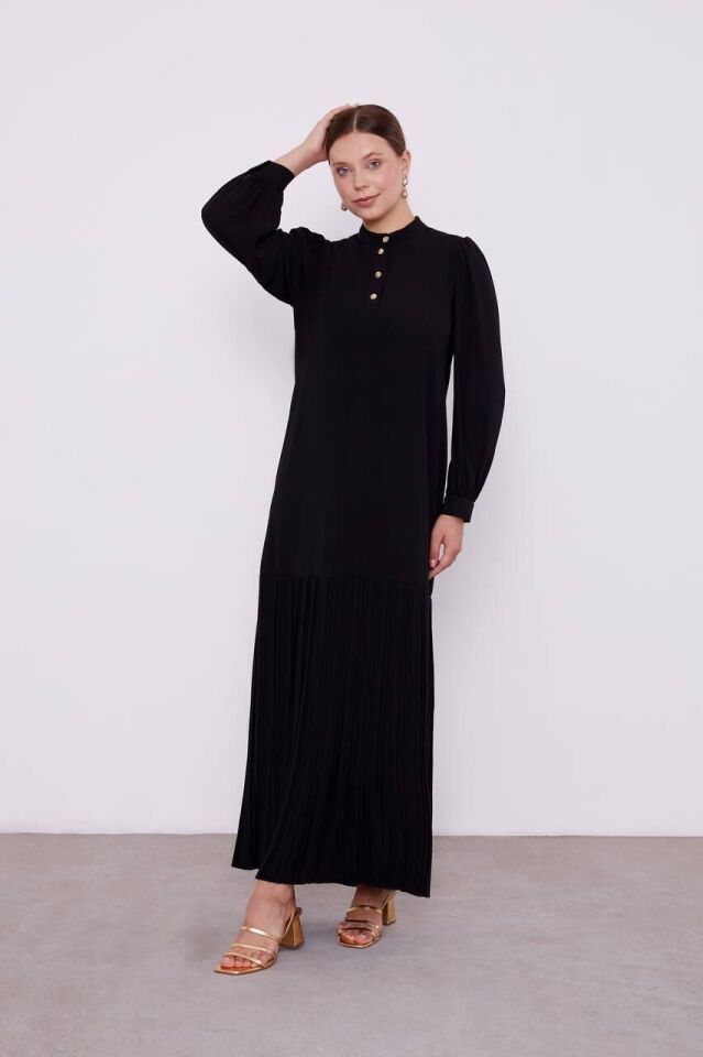 330183 ÖNÜ YARIM DÜĞMELİ BALON KOL ALT KISIM PİLİSELİ GÜNLÜK ELBİSE #02-25#