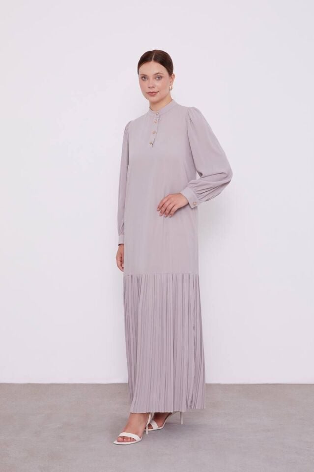 330183 ÖNÜ YARIM DÜĞMELİ BALON KOL ALT KISIM PİLİSELİ GÜNLÜK ELBİSE #02-25#