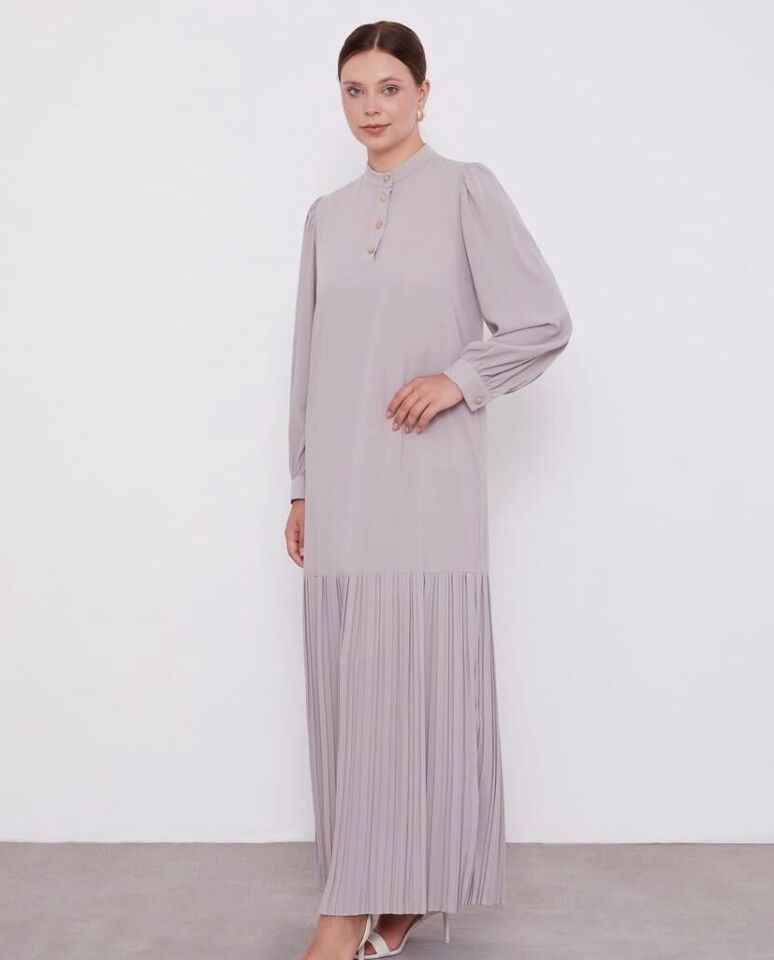 330183 ÖNÜ YARIM DÜĞMELİ BALON KOL ALT KISIM PİLİSELİ GÜNLÜK ELBİSE #02-25#