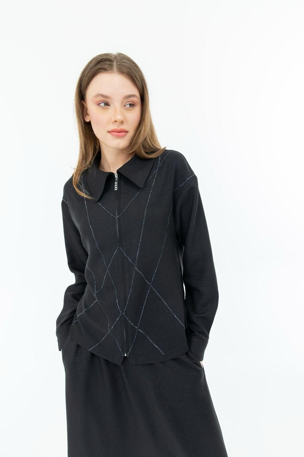 1602 ETEKLİ TAKIM ÖNÜ GİZLİ FERMUARLI BONCUKLU GÖMLEK YAKA ETEK BELİ LASTİKLİ ŞIK ETEKLİ TAKIM #03-25#