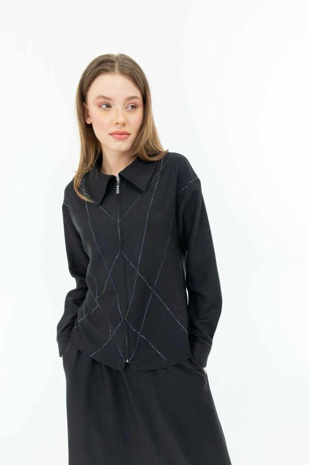 1602 ETEKLİ TAKIM ÖNÜ GİZLİ FERMUARLI BONCUKLU GÖMLEK YAKA ETEK BELİ LASTİKLİ ŞIK ETEKLİ TAKIM #03-25#