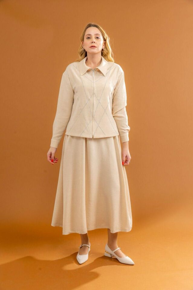 1602 ETEKLİ TAKIM ÖNÜ GİZLİ FERMUARLI BONCUKLU GÖMLEK YAKA ETEK BELİ LASTİKLİ ŞIK ETEKLİ TAKIM #03-25#