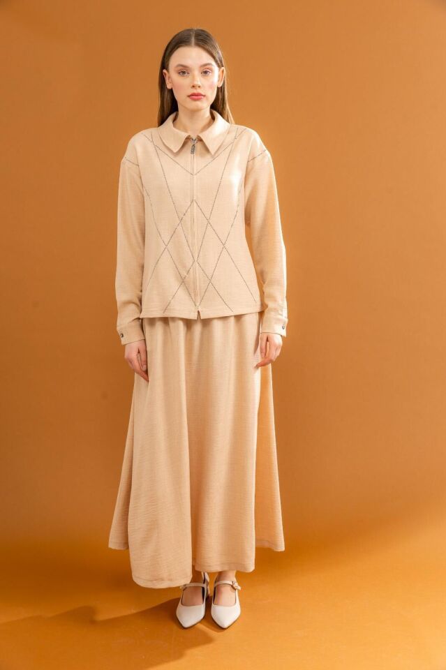 1602 ETEKLİ TAKIM ÖNÜ GİZLİ FERMUARLI BONCUKLU GÖMLEK YAKA ETEK BELİ LASTİKLİ ŞIK ETEKLİ TAKIM #03-25#