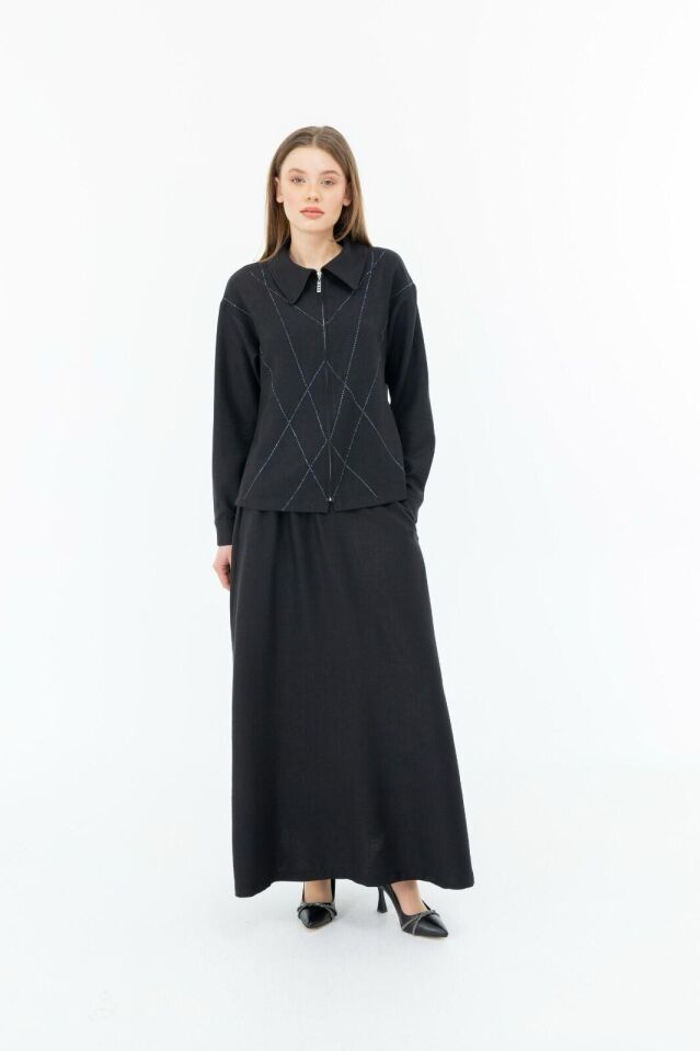 1602 ETEKLİ TAKIM ÖNÜ GİZLİ FERMUARLI BONCUKLU GÖMLEK YAKA ETEK BELİ LASTİKLİ ŞIK ETEKLİ TAKIM #03-25#