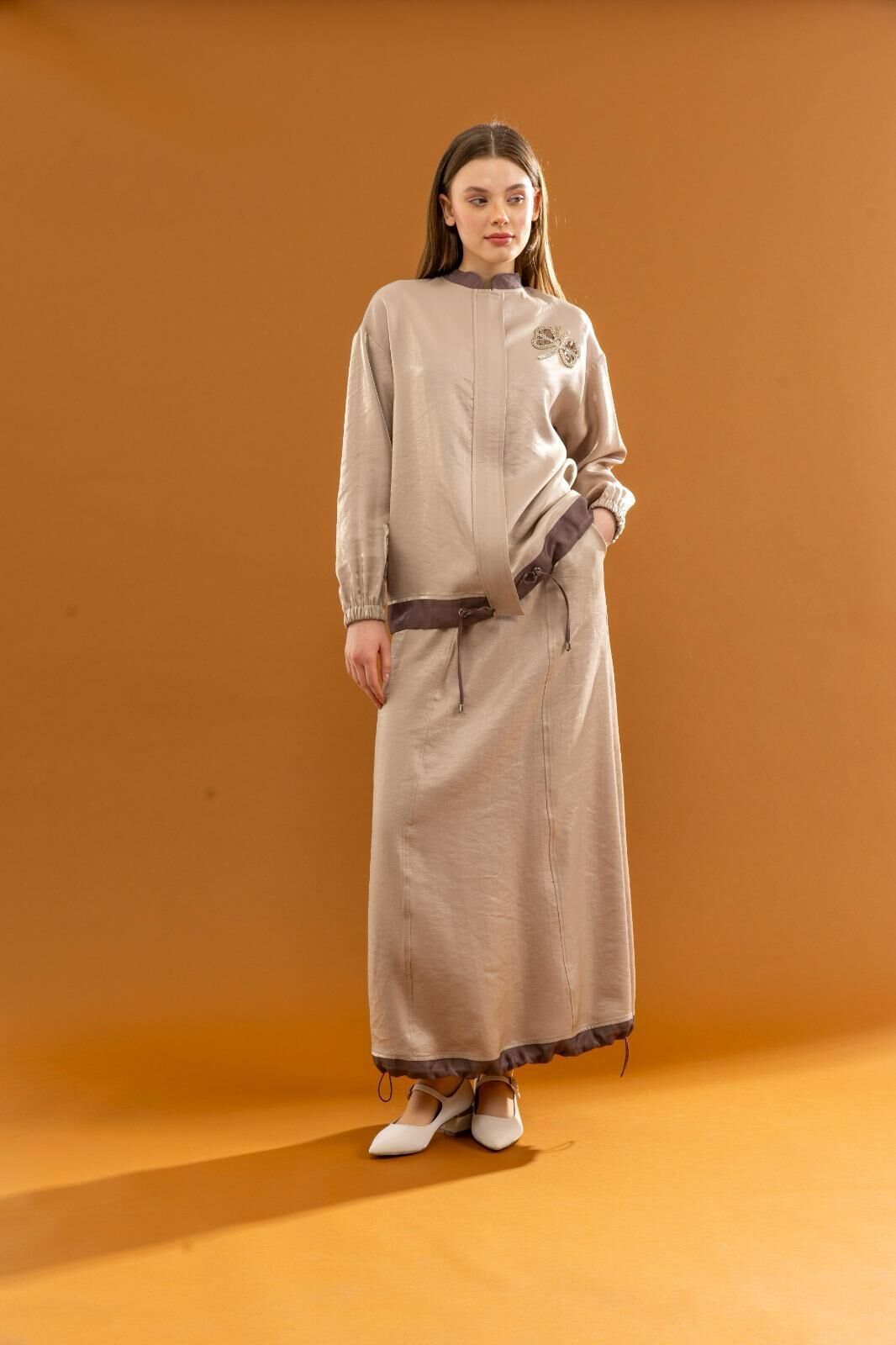 1605 ETEK ÖNDEN GİZLİ DÜĞMELİ ALT KISIM BÜZGÜLÜ KOL UCU VE BELİ LASTİKLİ ŞIK ETEK #03-25#