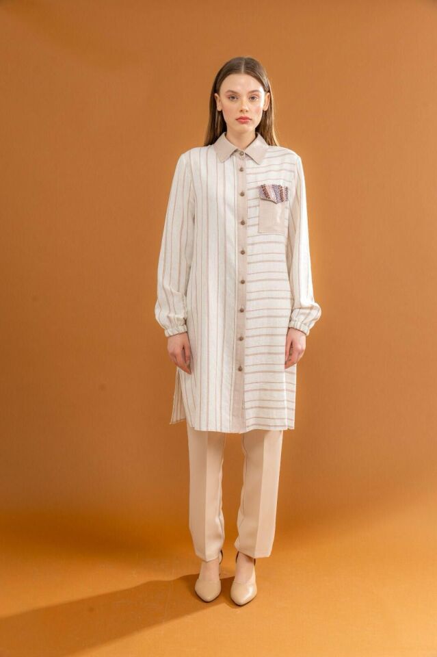 1529 CEBİ TAŞ DETAYLI ÖNÜ DÜĞMELİ KOL UCU LASTİKLİ ÇİZGİLİ GÖMLEK TUNİK #03-25#