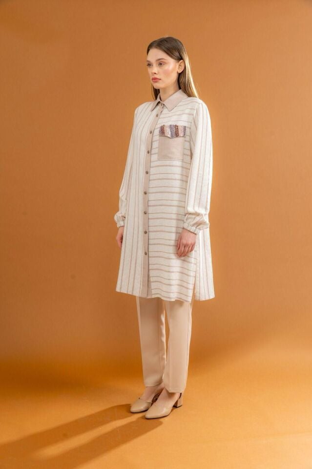 1529 CEBİ TAŞ DETAYLI ÖNÜ DÜĞMELİ KOL UCU LASTİKLİ ÇİZGİLİ GÖMLEK TUNİK #03-25#