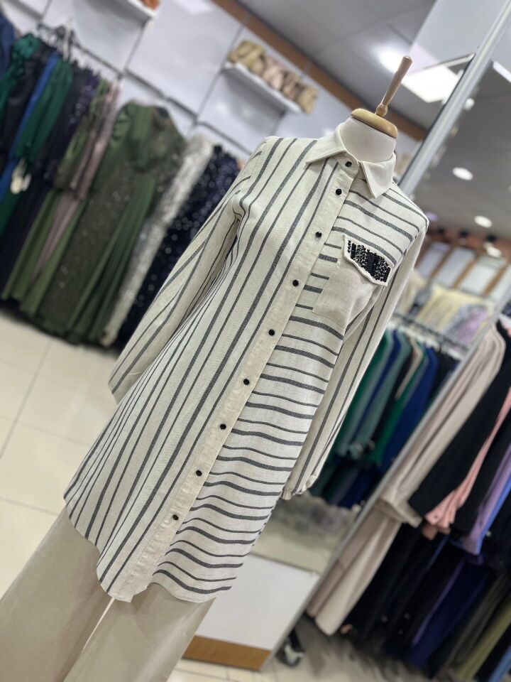 1529 CEBİ TAŞ DETAYLI ÖNÜ DÜĞMELİ KOL UCU LASTİKLİ ÇİZGİLİ GÖMLEK TUNİK #03-25#