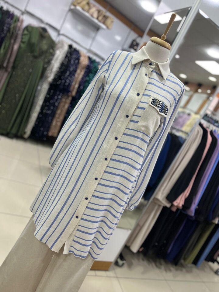 1529 CEBİ TAŞ DETAYLI ÖNÜ DÜĞMELİ KOL UCU LASTİKLİ ÇİZGİLİ GÖMLEK TUNİK #03-25#