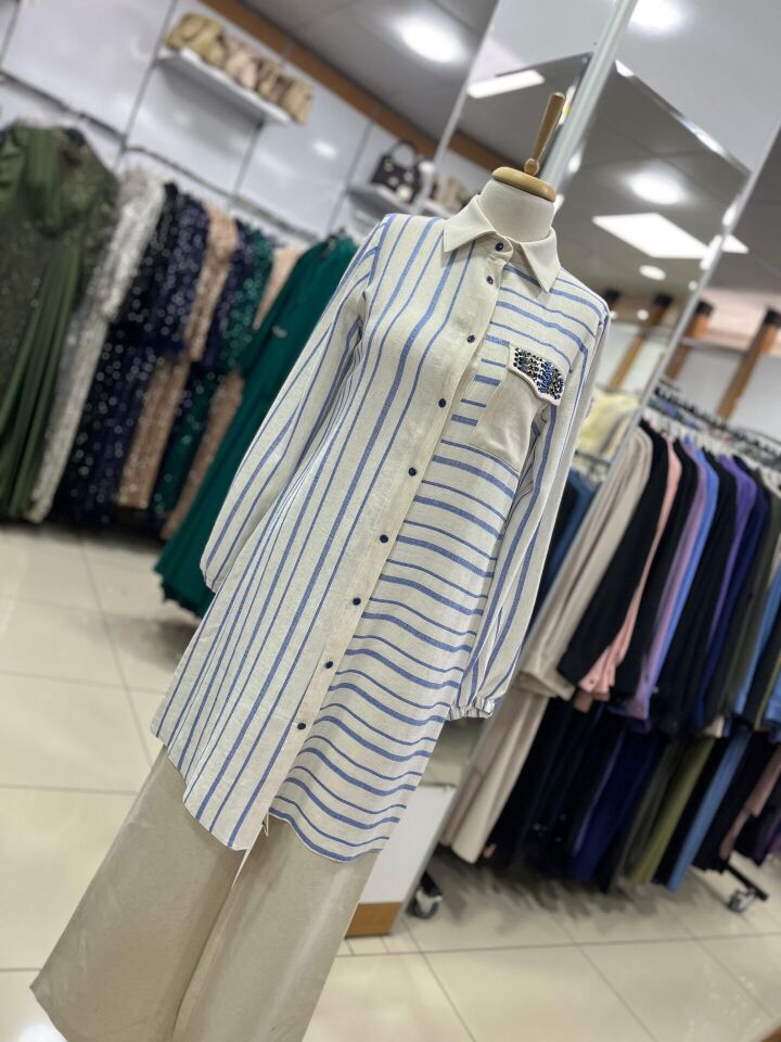 1529 CEBİ TAŞ DETAYLI ÖNÜ DÜĞMELİ KOL UCU LASTİKLİ ÇİZGİLİ GÖMLEK TUNİK #03-25#